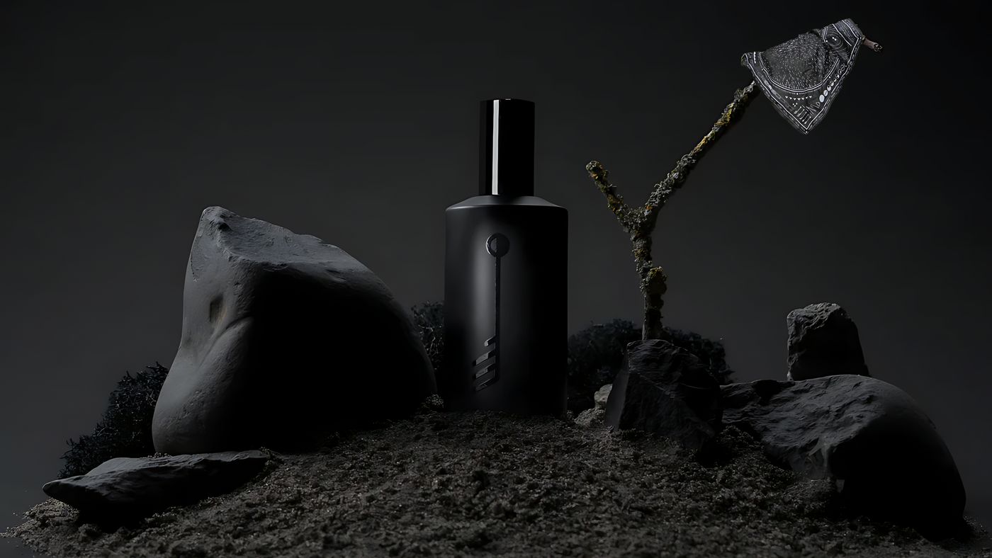 Fischersund Utilykt matte black perfume bottle standing on black moss, next to black rocks and moss-covered twigs.