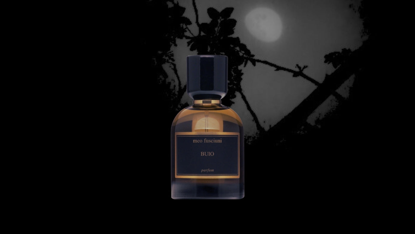 Meo Fusciuni Buio amber-colored, cylindrical perfume bottle juxtaposed over a forested night sky.