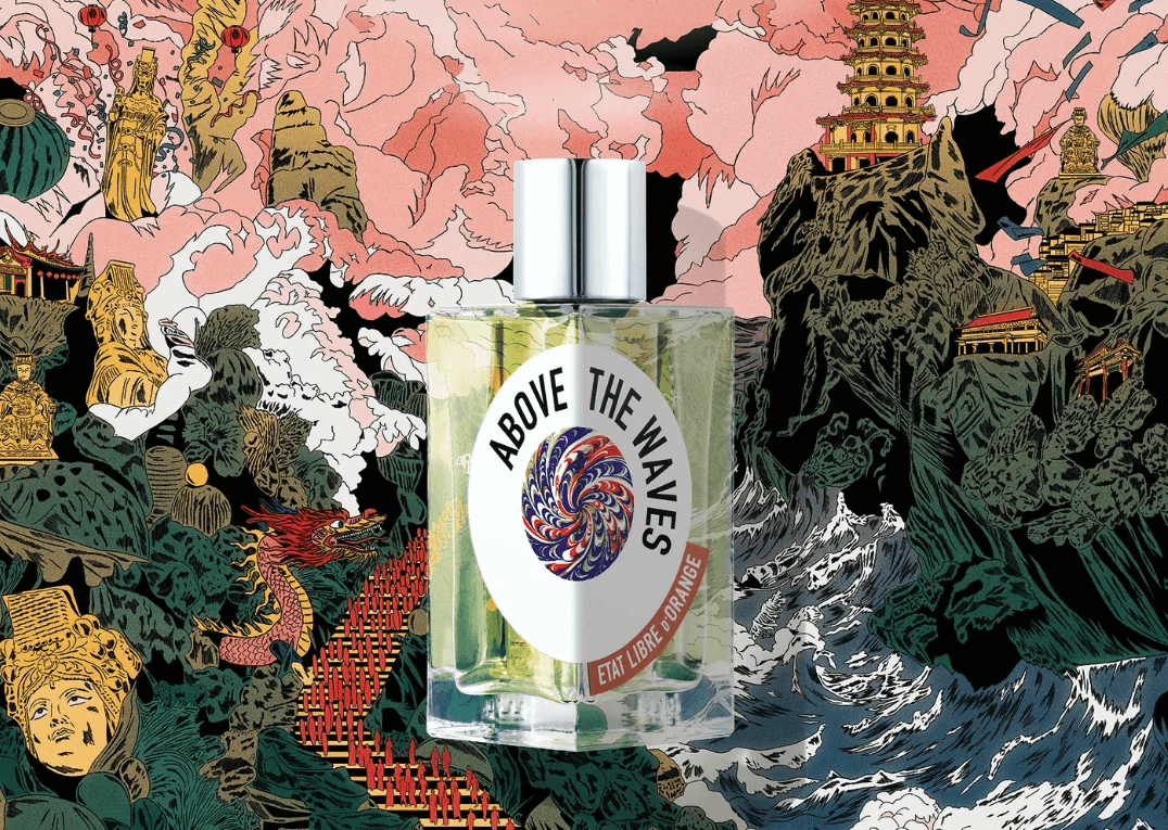 Etat Libre d'Orange  Above the Waves rectangular perfume bottle, superimposed over a stylized illustratoin of stormy water, Chinese or Taiwanese temples, dragons and statues.