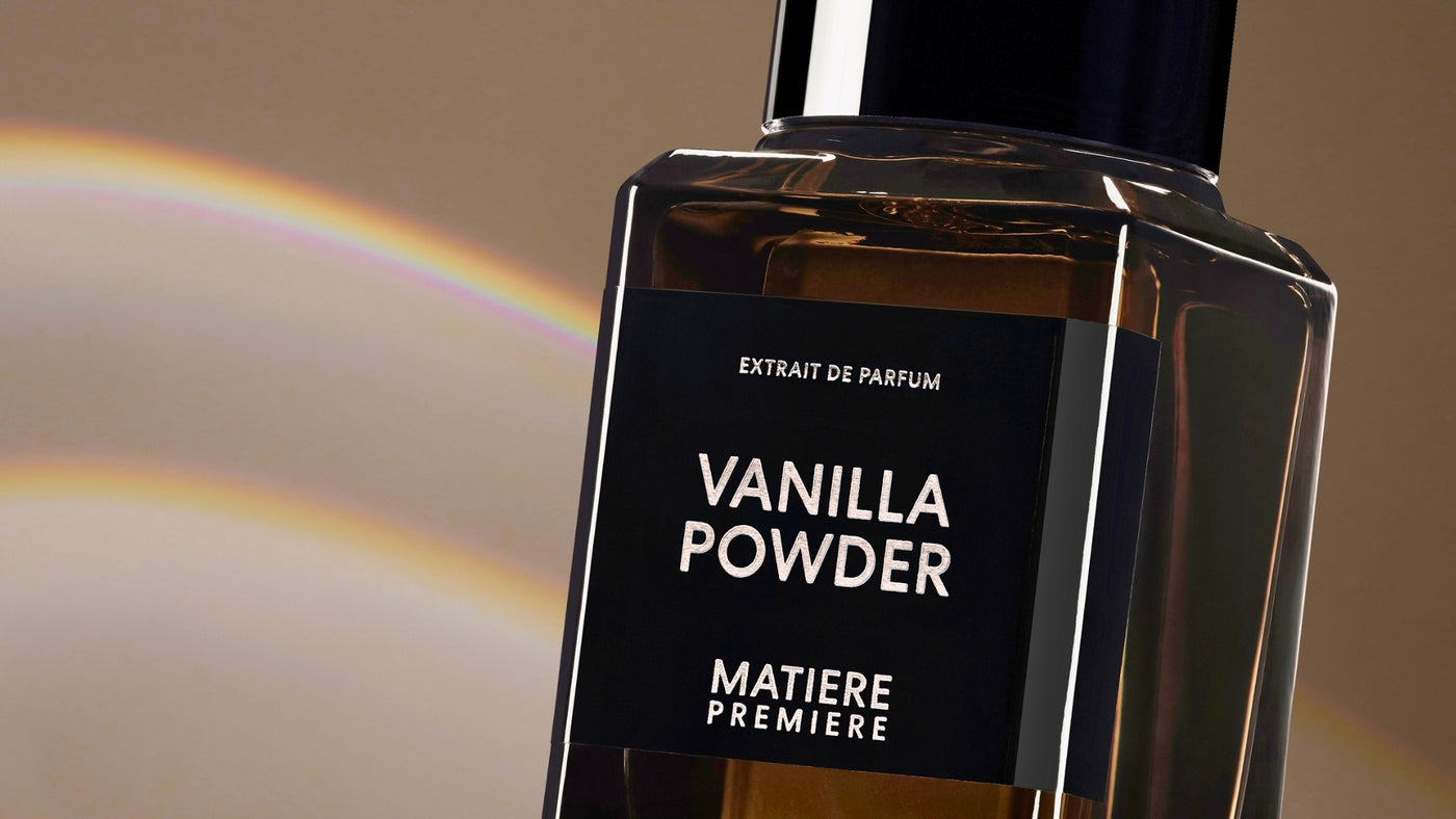 Close up of Matiere Premiere Vanilla Powder brown glass perfume bottle.