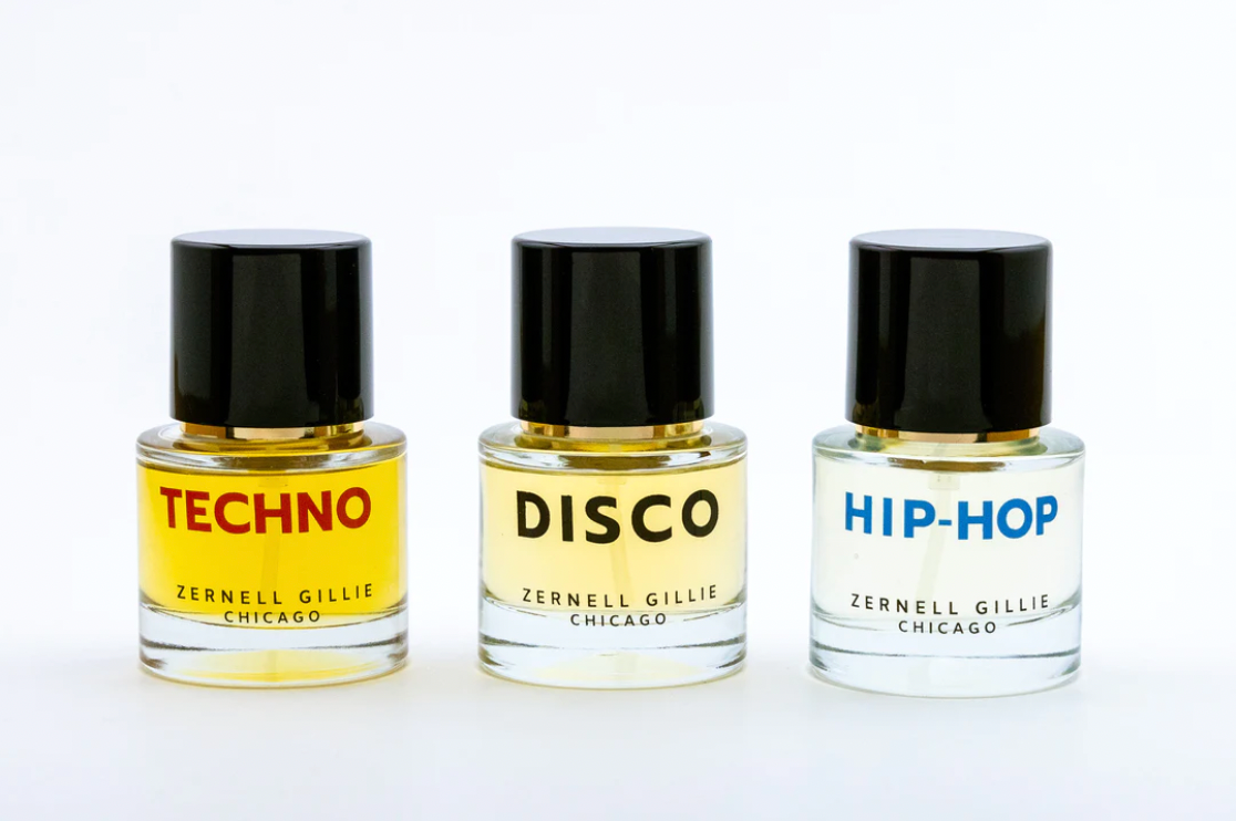 3 Zernell Gillie perfume bottles: Disco, Techno and Hip-Hop.